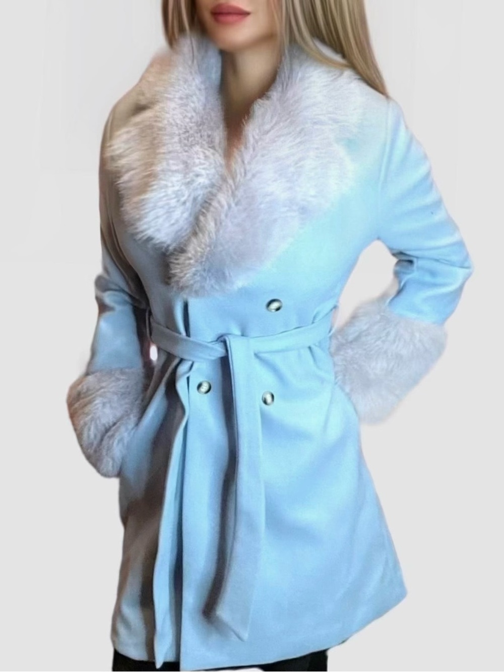 🎀🌷 Light Blue Faux Fur Collar & Cuffs Wool Feel Belted Coat 🌷🎀 NWT